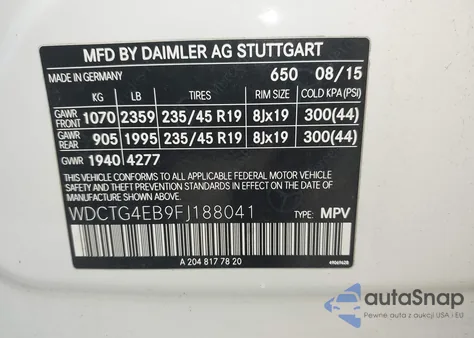 2015 Mercedes-Benz Gla 250 из США, поврежденный, VIN WDCTG4EB9FJ188041